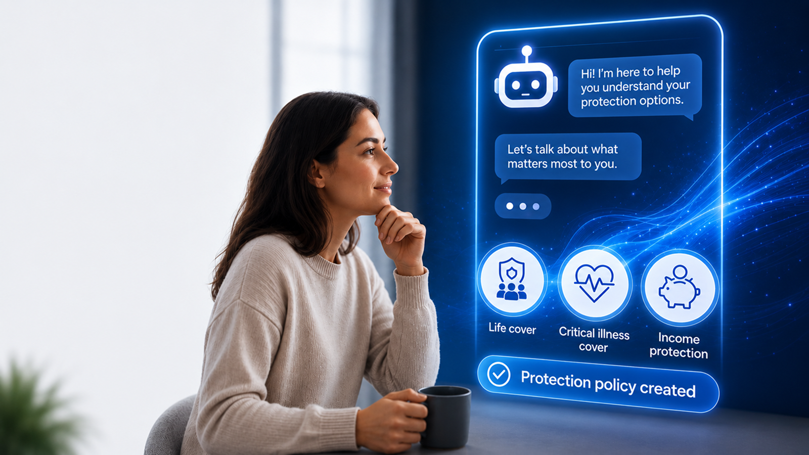 A woman arranging a protection policy through an AI conversation